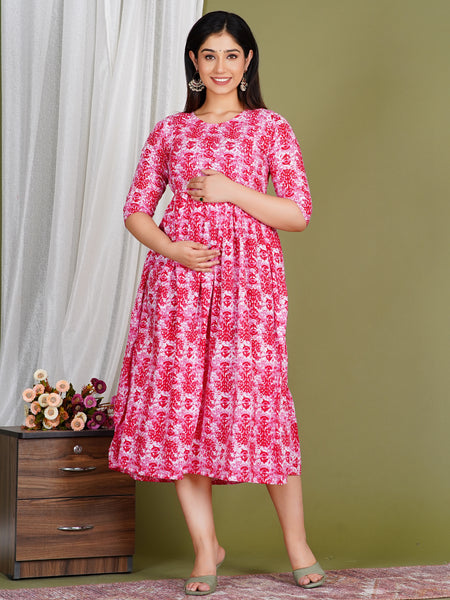 Women's Cotton Floral Maternity Feeding Dress with Zipper