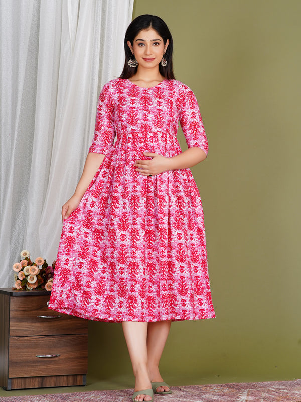 Women's Cotton Floral Maternity Feeding Dress with Zipper