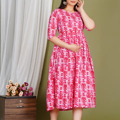Women's Cotton Floral Maternity Feeding Dress with Zipper