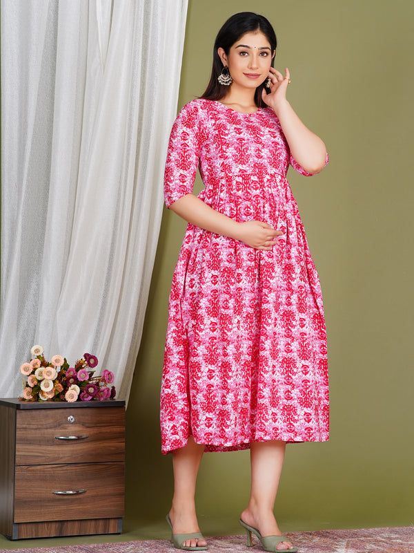 Women's Cotton Floral Maternity Feeding Dress with Zipper