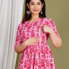 Women's Cotton Floral Maternity Feeding Dress with Zipper