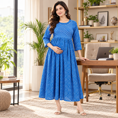 Women's Bright Blue Geometric & Striped Print Pure Cotton Anarkali Maternity Feeding Dress with Zipper