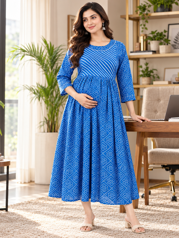 Women's Bright Blue Geometric & Striped Print Pure Cotton Anarkali Maternity Feeding Dress with Zipper