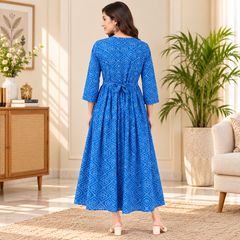 Women's Bright Blue Geometric & Striped Print Pure Cotton Anarkali Maternity Feeding Dress with Zipper