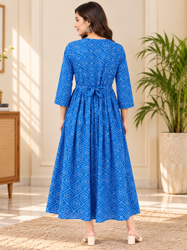Women's Bright Blue Geometric & Striped Print Pure Cotton Anarkali Maternity Feeding Dress with Zipper