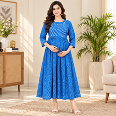 Women's Bright Blue Geometric & Striped Print Pure Cotton Anarkali Maternity Feeding Dress with Zipper