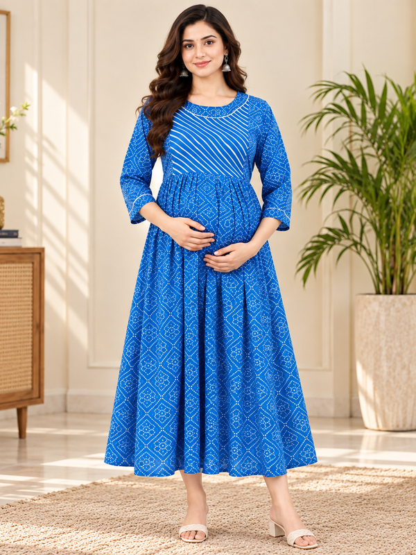 Women's Bright Blue Geometric & Striped Print Pure Cotton Anarkali Maternity Feeding Dress with Zipper