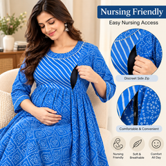 Women's Bright Blue Geometric & Striped Print Pure Cotton Anarkali Maternity Feeding Dress with Zipper