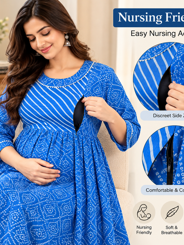Women's Bright Blue Geometric & Striped Print Pure Cotton Anarkali Maternity Feeding Dress with Zipper