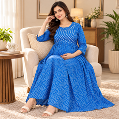 Women's Bright Blue Geometric & Striped Print Pure Cotton Anarkali Maternity Feeding Dress with Zipper