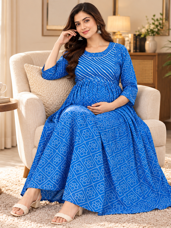 Women's Bright Blue Geometric & Striped Print Pure Cotton Anarkali Maternity Feeding Dress with Zipper