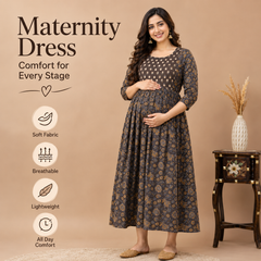 Women's Brown Floral & Booti Print Pure Cotton Anarkali Maternity Feeding Dress with Zipper