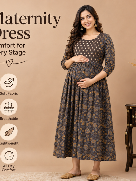 Women's Brown Floral & Booti Print Pure Cotton Anarkali Maternity Feeding Dress with Zipper