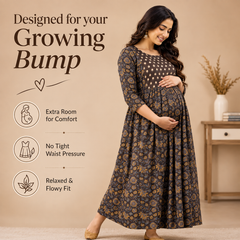 Women's Brown Floral & Booti Print Pure Cotton Anarkali Maternity Feeding Dress with Zipper