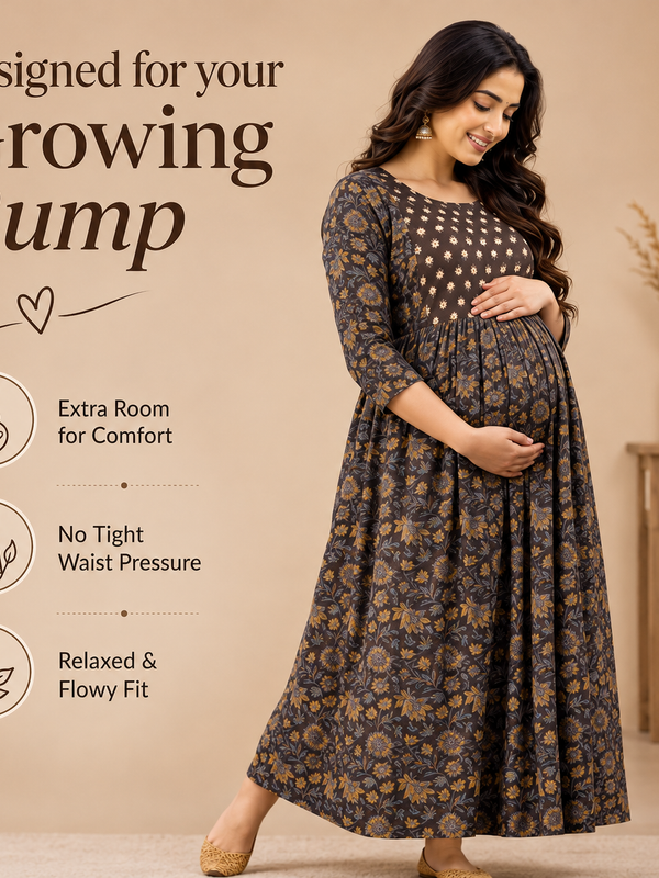 Women's Brown Floral & Booti Print Pure Cotton Anarkali Maternity Feeding Dress with Zipper
