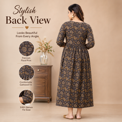 Women's Brown Floral & Booti Print Pure Cotton Anarkali Maternity Feeding Dress with Zipper