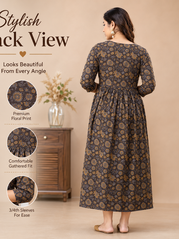 Women's Brown Floral & Booti Print Pure Cotton Anarkali Maternity Feeding Dress with Zipper