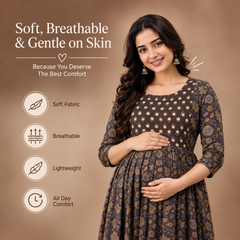 Women's Brown Floral & Booti Print Pure Cotton Anarkali Maternity Feeding Dress with Zipper