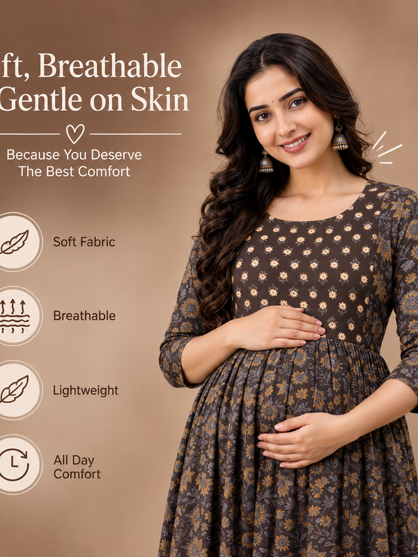 Women's Brown Floral & Booti Print Pure Cotton Anarkali Maternity Feeding Dress with Zipper