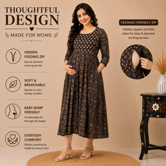 Women's Brown Floral & Booti Print Pure Cotton Anarkali Maternity Feeding Dress with Zipper