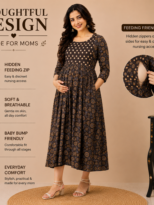 Women's Brown Floral & Booti Print Pure Cotton Anarkali Maternity Feeding Dress with Zipper
