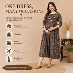 Women's Brown Floral & Booti Print Pure Cotton Anarkali Maternity Feeding Dress with Zipper