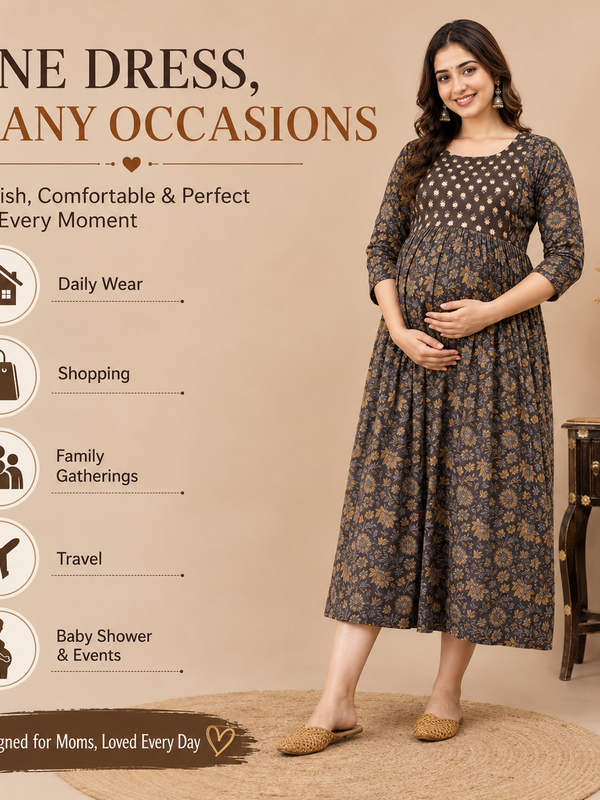 Women's Brown Floral & Booti Print Pure Cotton Anarkali Maternity Feeding Dress with Zipper