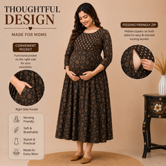 Women's Brown Floral & Booti Print Pure Cotton Anarkali Maternity Feeding Dress with Zipper