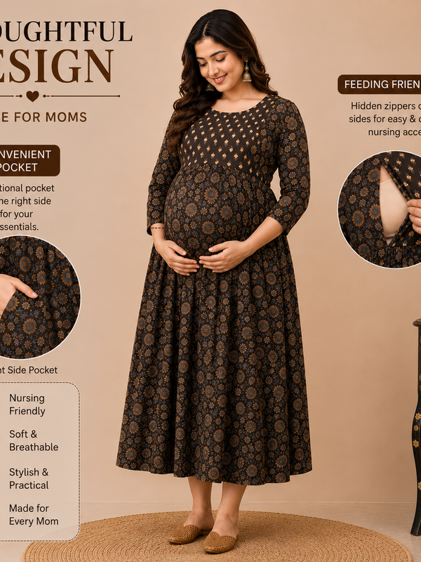 Women's Brown Floral & Booti Print Pure Cotton Anarkali Maternity Feeding Dress with Zipper