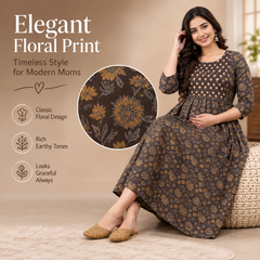 Women's Brown Floral & Booti Print Pure Cotton Anarkali Maternity Feeding Dress with Zipper
