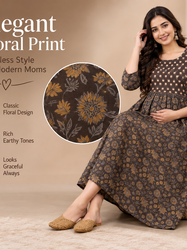 Women's Brown Floral & Booti Print Pure Cotton Anarkali Maternity Feeding Dress with Zipper