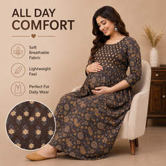 Women's Brown Floral & Booti Print Pure Cotton Anarkali Maternity Feeding Dress with Zipper