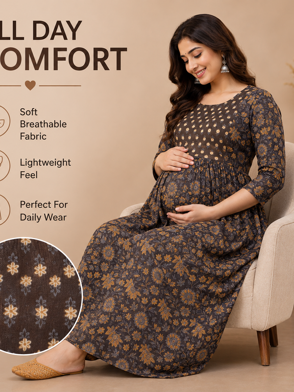 Women's Brown Floral & Booti Print Pure Cotton Anarkali Maternity Feeding Dress with Zipper