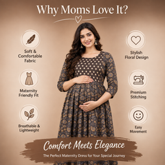 Women's Brown Floral & Booti Print Pure Cotton Anarkali Maternity Feeding Dress with Zipper