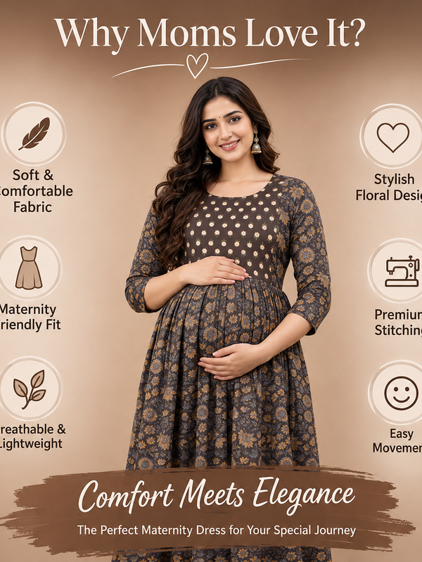 Women's Brown Floral & Booti Print Pure Cotton Anarkali Maternity Feeding Dress with Zipper