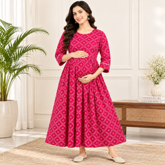 Women's Fuchsia Pink Geometric Diamond Print Pure Cotton Anarkali Maternity Feeding Dress with Zipper
