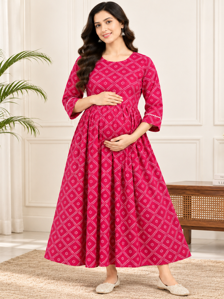 Women's Fuchsia Pink Geometric Diamond Print Pure Cotton Anarkali Maternity Feeding Dress with Zipper