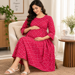 Women's Fuchsia Pink Geometric Diamond Print Pure Cotton Anarkali Maternity Feeding Dress with Zipper
