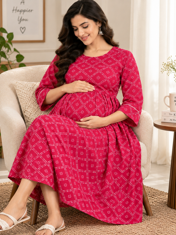 Women's Fuchsia Pink Geometric Diamond Print Pure Cotton Anarkali Maternity Feeding Dress with Zipper