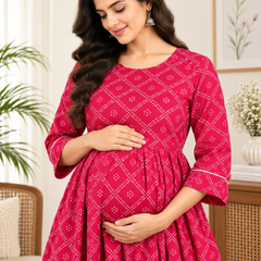 Women's Fuchsia Pink Geometric Diamond Print Pure Cotton Anarkali Maternity Feeding Dress with Zipper