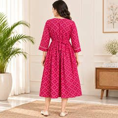 Women's Fuchsia Pink Geometric Diamond Print Pure Cotton Anarkali Maternity Feeding Dress with Zipper