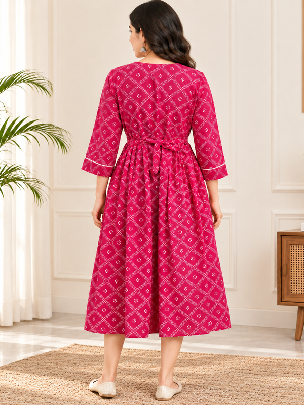 Women's Fuchsia Pink Geometric Diamond Print Pure Cotton Anarkali Maternity Feeding Dress with Zipper