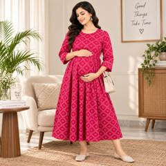 Women's Fuchsia Pink Geometric Diamond Print Pure Cotton Anarkali Maternity Feeding Dress with Zipper