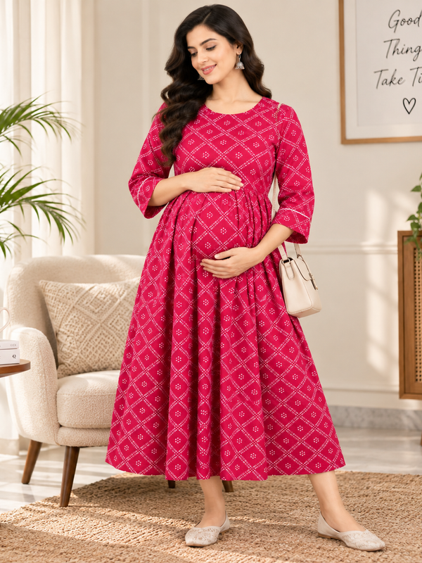 Women's Fuchsia Pink Geometric Diamond Print Pure Cotton Anarkali Maternity Feeding Dress with Zipper