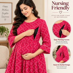 Women's Fuchsia Pink Geometric Diamond Print Pure Cotton Anarkali Maternity Feeding Dress with Zipper