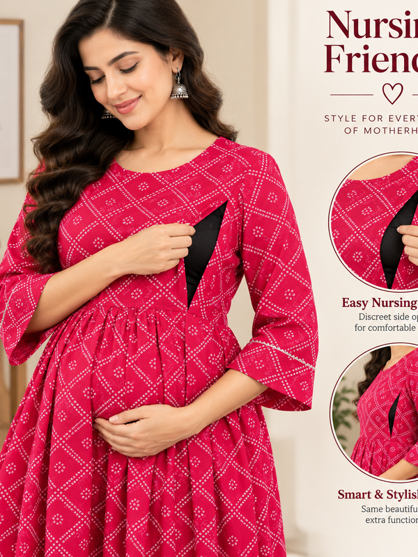 Women's Fuchsia Pink Geometric Diamond Print Pure Cotton Anarkali Maternity Feeding Dress with Zipper