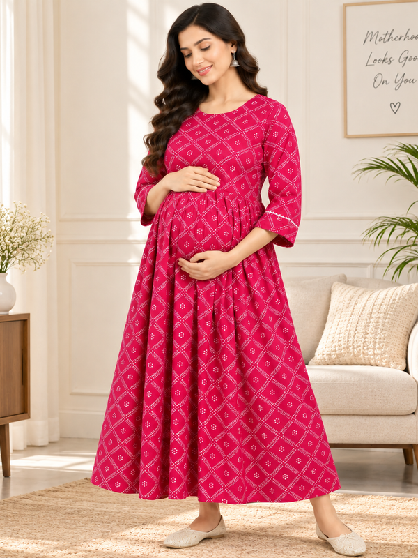 Women's Fuchsia Pink Geometric Diamond Print Pure Cotton Anarkali Maternity Feeding Dress with Zipper