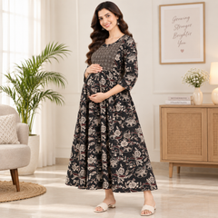 Women's Charcoal Black Ethnic Floral Print Pure Cotton Anarkali Maternity Feeding Dress with Zipper