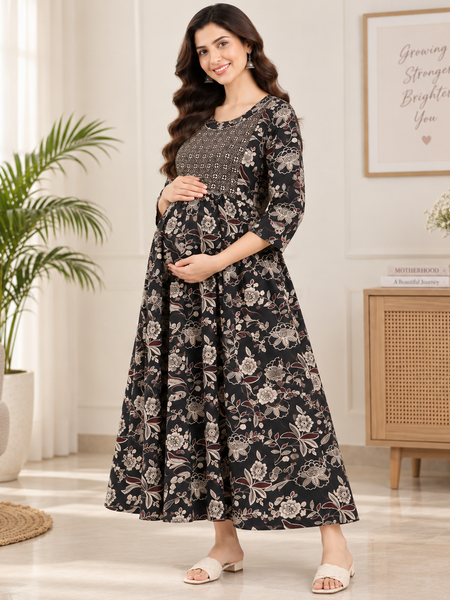 Women's Charcoal Black Ethnic Floral Print Pure Cotton Anarkali Maternity Feeding Dress with Zipper