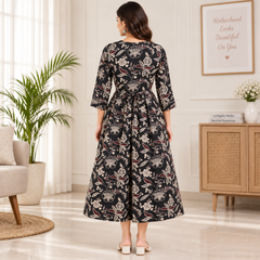 Women's Charcoal Black Ethnic Floral Print Pure Cotton Anarkali Maternity Feeding Dress with Zipper